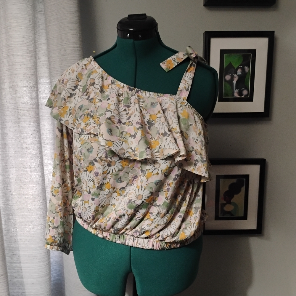 Lauren Conrad Ruffle Lady Daisies Pastel Satiny One-Shoulder Tie Top Sz L NWOT - Picture 10 of 11